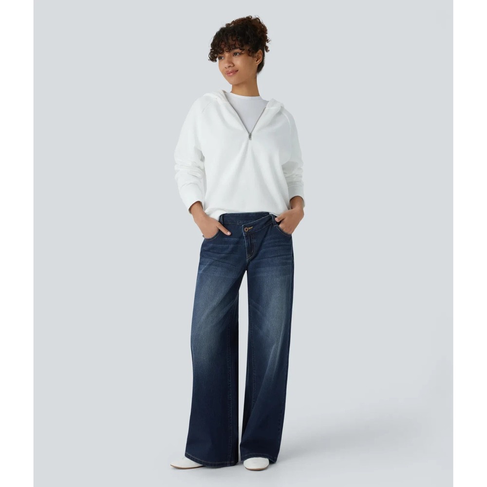 Halara Flex Asymmetric Low Rise Baggy Wide Leg Washed Casual Jeans XLarge Reg